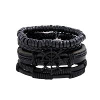 Cowhide Bracelet Set, with PU Leather & Wood & Tibetan Style, with 8-9cm*2 extender chain, Ship Wheel, knit, vintage & 4 pieces & Adjustable & for man, black, Length:17-18 cm, Sold By Set