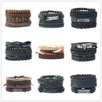 Full Grain Cowhide Leather Bracelet Set with Linen & Wax Cord & Wood & Zinc Alloy with 8-9cm*2 extender chain plated vintage & 4 pieces & Adjustable Length 17-18 cm Sold By Set