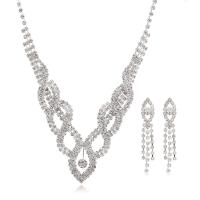 Rhinestone Jewelry Sets, earring & necklace, Tibetan Style, with 12cm extender chain, silver color plated, fashion jewelry & for woman & with rhinestone, silver color, nickel, lead & cadmium free, 28mm,10x55mm, Length:34 cm, Sold By Set