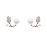 Cubic Zirconia Micro Pave Brass Earring, with Plastic Pearl, Tulip, gold color plated, micro pave cubic zirconia & for woman, nickel, lead & cadmium free, 20mm, Sold By Pair