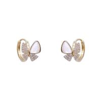 Brass Huggie Hoop Earring with Acrylic Butterfly gold color plated micro pave cubic zirconia & for woman Sold By Pair