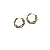 Brass Huggie Hoop Earring with Plastic Pearl gold color plated Korean style & for woman 12mm Sold By Pair