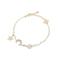 Zinc Alloy Bracelet with Glass Beads & Plastic Pearl with 1.18inch extender chain Moon and Star gold color plated micro pave cubic zirconia & for woman Length Approx 7 Inch Sold By PC