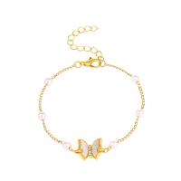 alliage de zinc bracelet, avec Plastique ABS perle & coquille, avec 5cm chaînes de rallonge, papillon, Placage, bijoux de mode & pour femme, doré, Longueur:18 cm, Vendu par PC