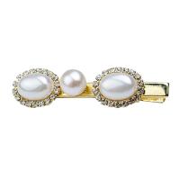 Alligator Hair Clip, Freshwater Pearl, with Brass, Oval, gold color plated, for woman & with rhinestone, white, 45x12mm, Sold By PC