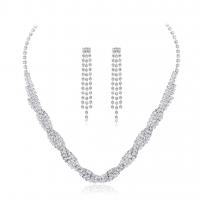 Rhinestone Jewelry Sets earring & necklace Brass with 14cm extender chain platinum color plated three pieces & fashion jewelry & for woman & with rhinestone silver color nickel lead & cadmium free  Length 33 cm Sold By Set