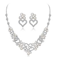 Rhinestone Jewelry Sets earring & necklace Zinc Alloy with Plastic Pearl with 5cm extender chain Heart platinum color plated three pieces & fashion jewelry & for woman & with rhinestone silver color nickel lead & cadmium free  Length 45 cm Sold By Set