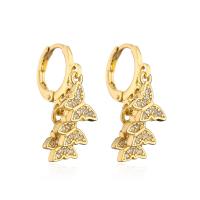 Huggie Hoop Drop Earring Brass Butterfly gold color plated micro pave cubic zirconia & for woman Sold By Pair