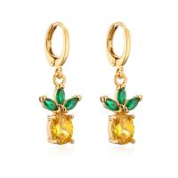 Huggie Hoop Drop Earring Brass Pineapple gold color plated & micro pave cubic zirconia & for woman Sold By Pair