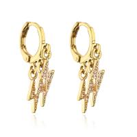 Huggie Hoop Drop Earring Brass Lightning Symbol gold color plated micro pave cubic zirconia & for woman Sold By Pair