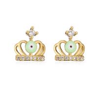 Evil Eye Earrings Brass Crown gold color plated micro pave cubic zirconia & for woman & enamel Sold By Pair