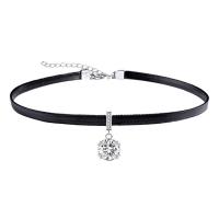 Fashion Choker Necklace, PU Leather, with Tibetan Style, with 2.75inch extender chain, Round, micro pave cubic zirconia & for woman, Length:Approx 12.6 Inch, Sold By PC