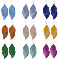 Leather Drop Earring, with Tibetan Style, Leaf, for woman, more colors for choice, 32x82mm, Sold By Pair