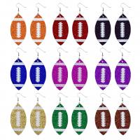 Leather Drop Earring, with Sequins & Tibetan Style, Rugby Ball, printing, for woman & leopard pattern, more colors for choice, 30x75mm, Sold By Pair