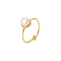 Stainless Steel Finger Ring, 304 Stainless Steel, with Freshwater Pearl, Round, 18K gold plated, Adjustable & fashion jewelry & for woman, golden, 9mm, Sold By PC