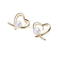 Freshwater Pearl Earrings, with 925 Sterling Silver, Heart, gold color plated, for woman, white, 5-6mm, Sold By Pair