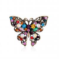 Rhinestone Brooch, Tibetan Style, Butterfly, antique gold color plated, fashion jewelry & for woman & with rhinestone, mixed colors, nickel, lead & cadmium free, 54x42mm, Sold By PC