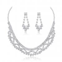 Rhinestone Jewelry Sets, earring & necklace, Brass, with 13cm extender chain, platinum color plated, three pieces & fashion jewelry & for woman & with rhinestone, silver color, nickel, lead & cadmium free, 17mm,13x31mm, Length:33 cm, Sold By Set