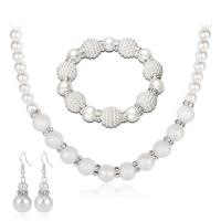 perle de plastique parure de bijoux, Bracelet & boucle d'oreille & collier, Rond, 4 pièces & bijoux de mode & pour femme & avec strass, blanc, Vendu par fixé