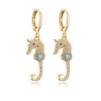 Huggie Hoop Drop Earring, Brass, Seahorse, gold color plated, micro pave cubic zirconia & for woman, 36x10mm, Sold By Pair