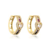 Brass Huggie Hoop Earring Heart gold color plated micro pave cubic zirconia & for woman multi-colored Sold By Pair