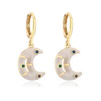 Huggie Hoop Drop Earring Brass Moon gold color plated micro pave cubic zirconia & for woman & enamel Sold By Pair