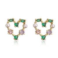 Cubic Zirconia Micro Pave Brass Earring Heart gold color plated for woman & with plastic pearl & with cubic zirconia multi-colored Sold By Pair