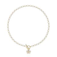 Glass Beads Necklaces, Glass Pearl, with Brass, Flower, gold color plated, micro pave cubic zirconia & for woman, Length:Approx 15.3 Inch, Sold By PC