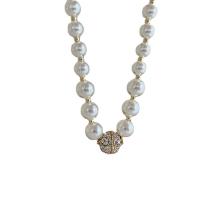 Plastic Pearl Necklace with Zinc Alloy with 2.75inch extender chain gold color plated for woman & with rhinestone Length Approx 13.7 Inch Sold By PC