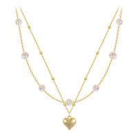Plastic Pearl Necklace Brass with Freshwater Pearl & Plastic Pearl with 2.75inch extender chain Heart gold color plated Double Layer & for woman Length Approx 15 Inch Sold By PC