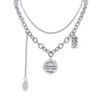 Tibetan Style Jewelry Necklace, with 2.75inch extender chain, Flat Round, silver color plated, Double Layer & with letter pattern & for woman, nickel, lead & cadmium free, Length:Approx 15.7 Inch, Sold By PC