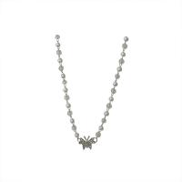 Plastic Pearl Necklace with Crystal & Zinc Alloy with 2.36inch extender chain Butterfly silver color plated for woman & with rhinestone 15mm Length Approx 16.3 Inch Sold By PC