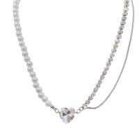Tibetan Style Jewelry Necklace, with Plastic Pearl, with 3.34inch extender chain, Heart, silver color plated, micro pave cubic zirconia & for woman, 14x14mm, Length:Approx 14.1 Inch, Sold By PC