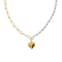 Titanstahl Halskette, mit Natürliche kultivierte Süßwasserperlen, mit Verlängerungskettchen von 5cm, Herz, für Frau, goldfarben, 14mm, Länge ca. 40 cm, verkauft von PC