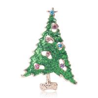 Broches de Noël, alliage de zinc, arbre de noël, Placage de couleur d'or, bijoux de mode & pour femme & émail & avec strass, vert, protéger l'environnement, sans nickel, plomb et cadmium, 36x51mm, Vendu par PC