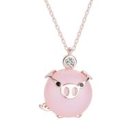 Cubic Zircon Micro Pave 925 Sterling Silver Necklace, with Rose Quartz, with 1.96 inch extender chain, Pig, plated, micro pave cubic zirconia & for woman, more colors for choice, Length:Approx 15.94 Inch, Sold By PC