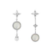 Asymmetric Earrings, 925 Sterling Silver, with White Shell, platinum color plated, for woman & with rhinestone, 39mm, Sold By Pair