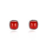 925 Sterling Silver Stud Earrings with Gemstone Square platinum color plated imitation Yunnan red agate & for woman Sold By Pair