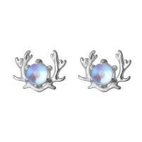 925 Sterling Silver Stud Earrings, with Moonstone, Antlers, for woman, silver color, 9.60x7.20mm, Sold By Pair