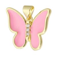 Cubic Zirconia Micro Pave Brass Pendant, Butterfly, gold color plated, fashion jewelry & DIY & micro pave cubic zirconia & enamel, pink, 20x17x4.50mm, Hole:Approx 3mm, 10PCs/Lot, Sold By Lot