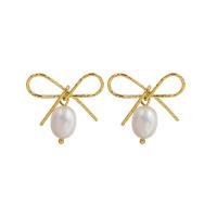 Titanium Steel  Earring, with Freshwater Pearl, Bowknot, Vacuum Ion Plating, for woman, more colors for choice, 24x17mm, Sold By Pair