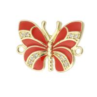 Cubic Zirconia Micro Pave Brass Connector, Butterfly, gold color plated, DIY & micro pave cubic zirconia & enamel & 1/1 loop, red, nickel, lead & cadmium free, 23x16x3mm, Hole:Approx 1mm, Sold By PC