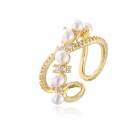 Cubic Zirconia Micro Pave Brass Ring, gold color plated, Adjustable & different styles for choice & micro pave cubic zirconia & for woman & with plastic pearl, Sold By PC
