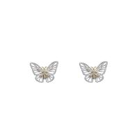 Boucles d'oreilles en laiton zircon cubique pavent, papillon, Plaqué d'or, bijoux de mode & pavé de micro zircon & pour femme, argent, 13x17mm, Vendu par paire