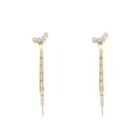 Cubic Zirconia Micro Pave Brass Earring, real gold plated, fashion jewelry & micro pave cubic zirconia & for woman, golden, 85x5mm, Sold By Pair