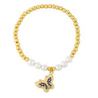 Brass Bracelet, with Plastic Pearl, Butterfly, gold color plated, micro pave cubic zirconia & for woman, more colors for choice, nickel, lead & cadmium free, 20x15mm, Length:7.1 Inch, Sold By PC