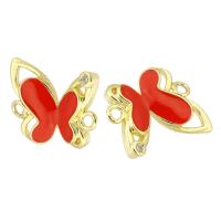 Cubic Zirconia Micro Pave Brass Connector, Butterfly, gold color plated, DIY & micro pave cubic zirconia & enamel & 1/1 loop, red, nickel, lead & cadmium free, 15x13x3mm, Hole:Approx 2mm, Sold By PC