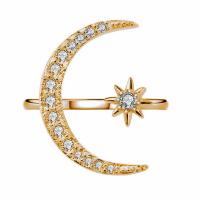 Brass Cuff Finger Ring Moon and Star plated Adjustable & micro pave cubic zirconia & for woman Sold By PC