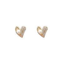 Boucles d'oreilles en laiton zircon cubique pavent, avec Plastique ABS perle, coeur, Plaqué d'or, bijoux de mode & pavé de micro zircon & pour femme, doré, 23x13mm, Vendu par paire