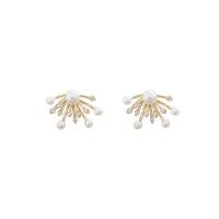 Boucles d'oreilles en laiton zircon cubique pavent, avec Plastique ABS perle, Plaqué d'or, bijoux de mode & pavé de micro zircon & pour femme, doré, 15x20mm, Vendu par paire